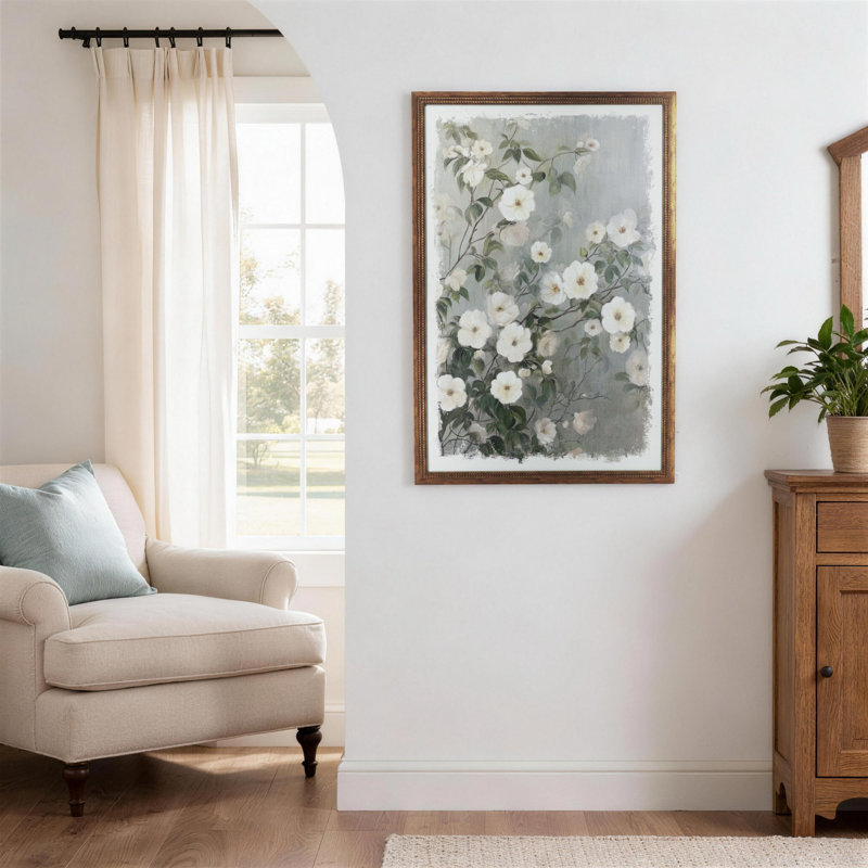 Art sur toile 31,5 x 47 po "White Blossom" avec fond gris et cadre en PS brun