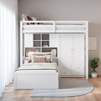 Lit superposé simple avec tiroirs, garde-robe, tablettes de rangement et lit hydraulique