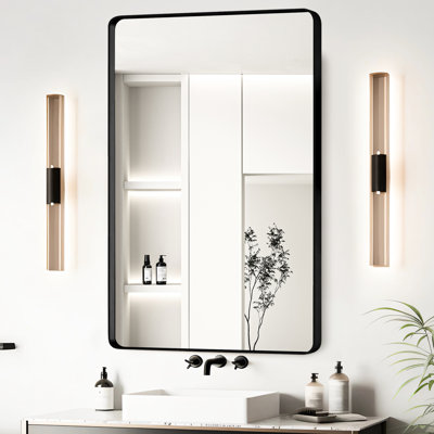 Miroir de salle de bain de 23 po x 30 po avec cadre en aluminium noir et verre flotté à haute densité pour une structure transparente et réfléchissante - Structure en rouille, preuve
