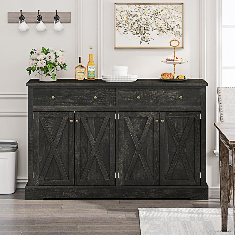 Buffet rétro avec deux tiroirs, quatre portes et un design en forme de X, Brun-noir