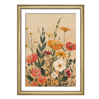 "Champ de fleurs de coquelicots botaniques rétro avec tons chauds, décoration murale encadrée dorée"