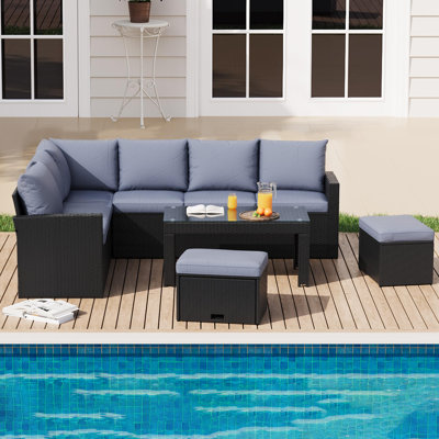 5-Piece Outdoor Patio Furniture Set, 87 Inch PE Rattan Wicker Sectional Sofa with Gray Washable Cushions, for Balcony Porch Sunroom Living Room, Black