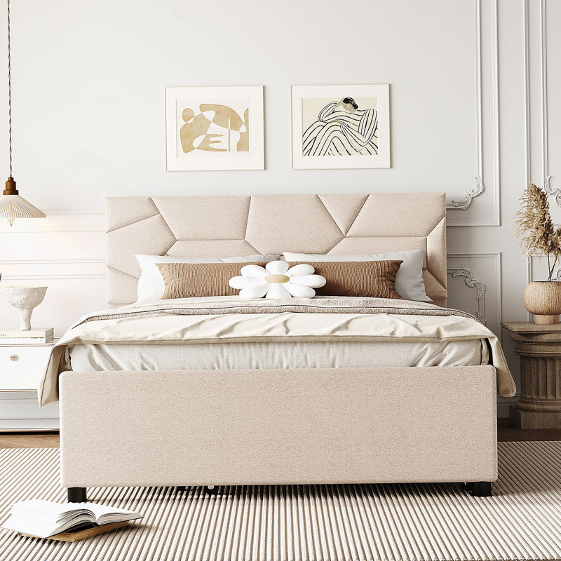 Lit plateforme tapissier avec tête de lit et lit gigogne à motif brique, Beige, Double