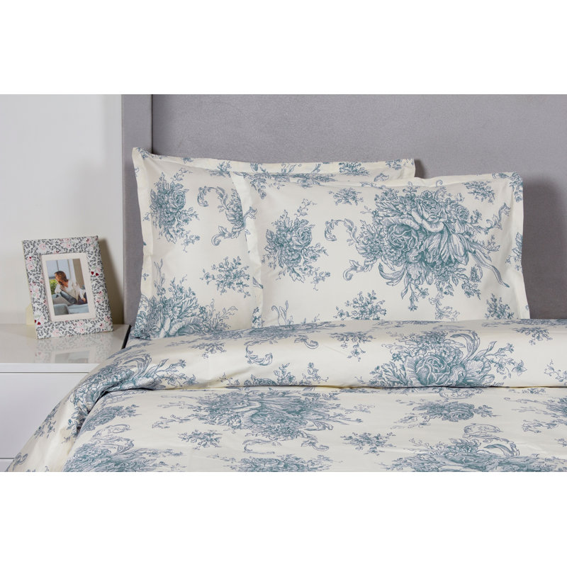 Benedictine Sateen Toile Duvet Cover, Full/Queen Duvet Cover + 2 Standard Shams, Light Blue