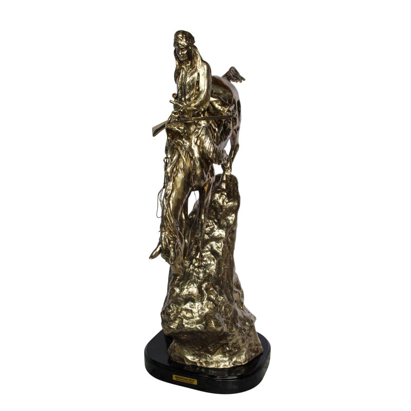 Statue Nifao Jumbo bronze homme de montagne à cheval Remington - Patine argentée avec base en marbre noir, taille: L 24 po x l 14 po x H 36 po