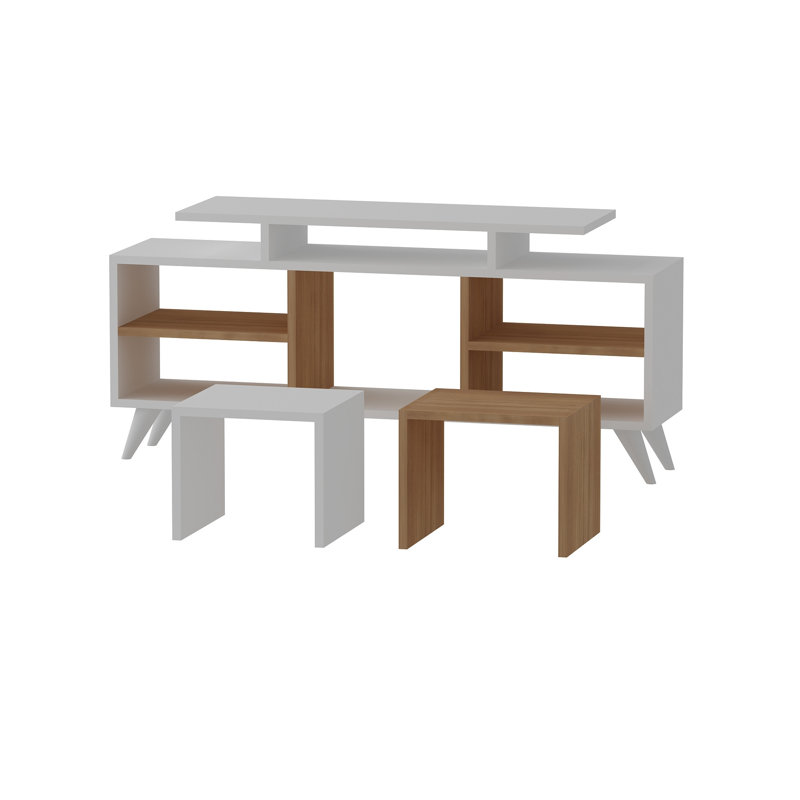 Modern TV Unit with Coffee Table (2 Pieces), White & Teak, 47.2 x 22.4 x 11.6 inches | 100% Melamine Coated Particle Board, Thickness: 0.7 inches | Wall-Mountable Design, Multiple Shelves for Storage & Display