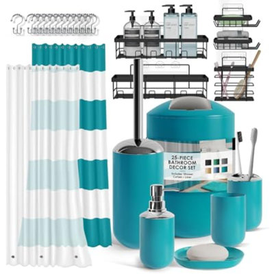 Ensemble d'accessoires de salle de bain - Ensemble de salle de bain avec support de douche de coin adhésif, ensemble d'accessoires de salle de bain 25 pièces, ensemble de rideau de douche sarcelle, brosse de toilette, poubelle et distributeur de savon