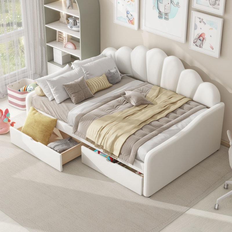 Upholstered Scalloped-Shaped Daybed with 2 Drawers, Beige