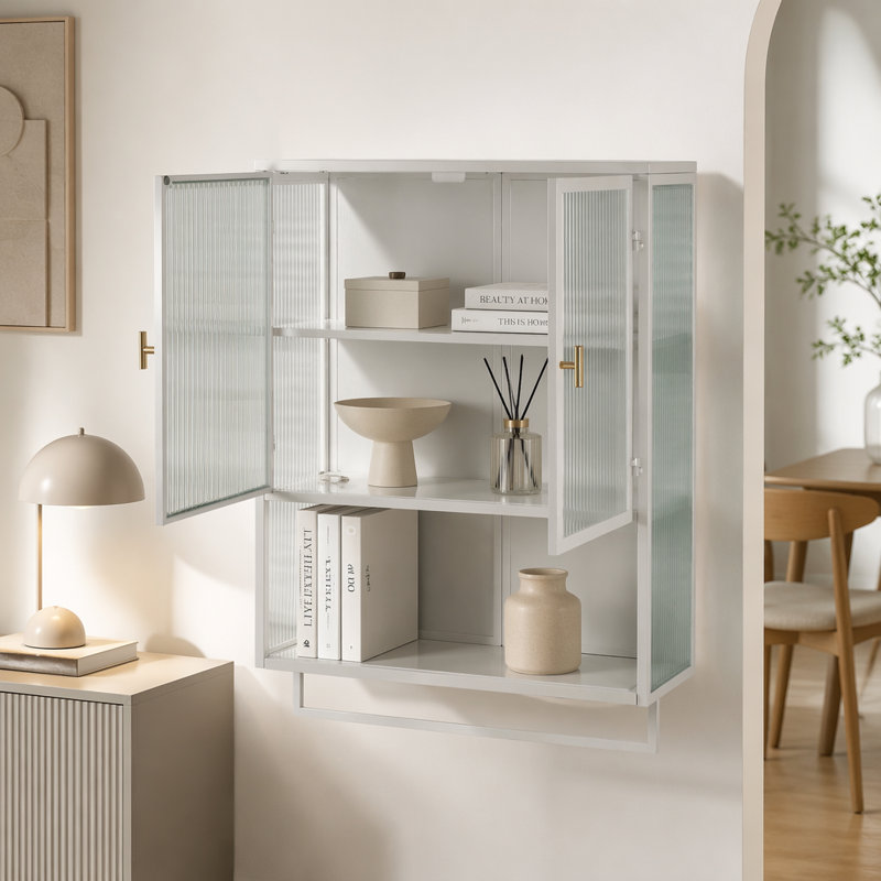 Armoire murale à deux portes 23,99 "avec portes en verre - Style moderne pour. Rangement, tablette ouverte, porte-serviettes. Fer et verre trempé. Monté pour maximiser l'espace. Tablette détachable. Assemblage facile. Blanc différent
