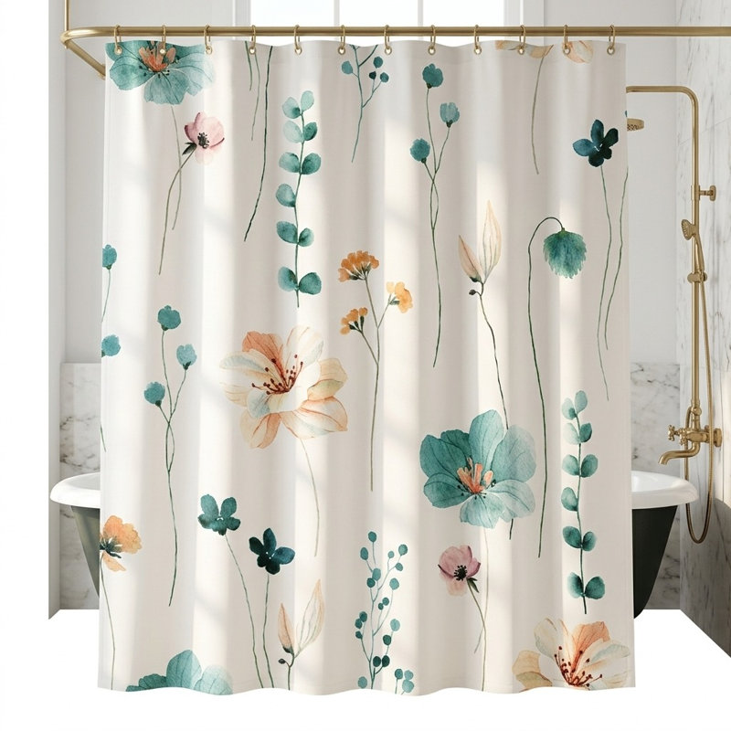 Rideau de douche en tissu imperméable Watercolor Floral, Floral bleu sarcelle