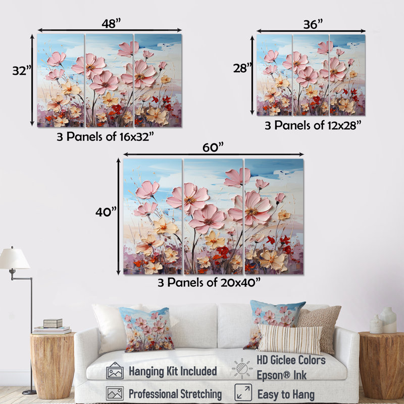 «Pink Pansies Blooming Field», ensemble d'art sur toile Flower Field, H 40 po x l 60 po x P 1 po