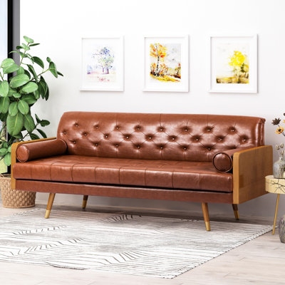 Brun avec attrait moderne de style Mid-Century, l 30,5 po x P 72 po x H 32,03 po, tissu en polyuréthane, coussins de traversin, siège à surpiqûres en losange, revêtement, pieds évasés dorés