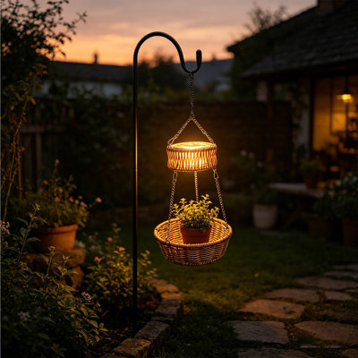 Veilleuse de jardin à énergie solaire pour l'extérieur Lampe de jardin en rotin tissée en pot