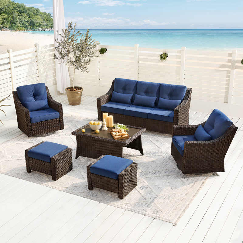 Keaisha 5 Person Outdoor Conversation Furniture Set Seating Group With Coffee Table And Cushions, Brown, Blue
