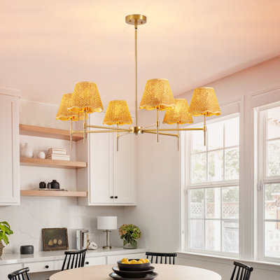 Boho Rattan Chandelier 6-Lights Rustic Industrial Pendant Light Large Adjustable Pendant Lighting Fixtures for Kitchen Island Dining Living Room,UL Listed