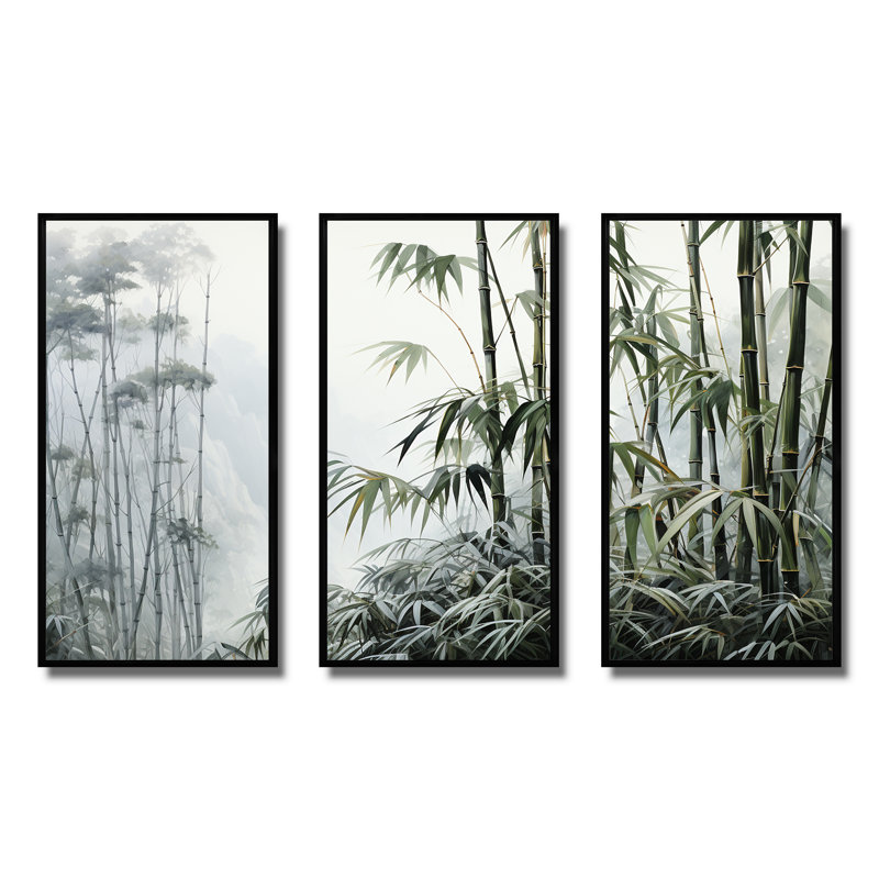 Gris et vert bambou tranquillité II - art mural Chine, H 28 po x l 36 po x P 1 po, Cadre flottant noir