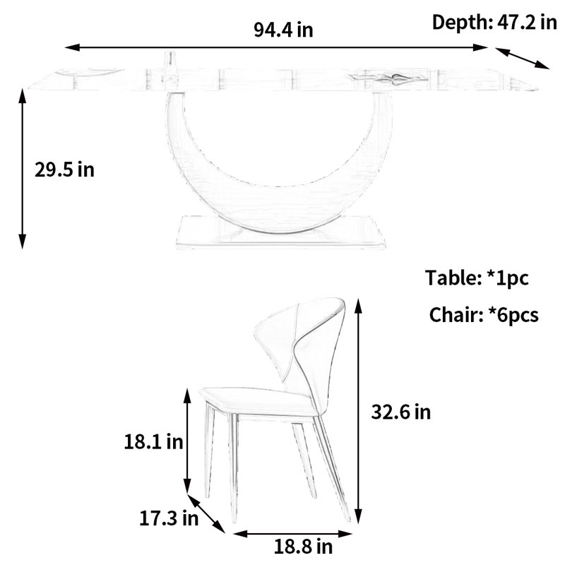 Table et chaise de salle à manger créative haut de gamme, H 29,5 po x L 94,4 po x l 47,2 po