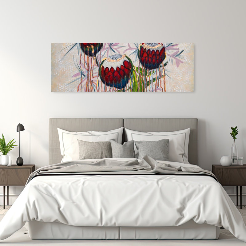 «Vibrant Dripping Proteas», art mural contemporain, H 20 po x l 60 po