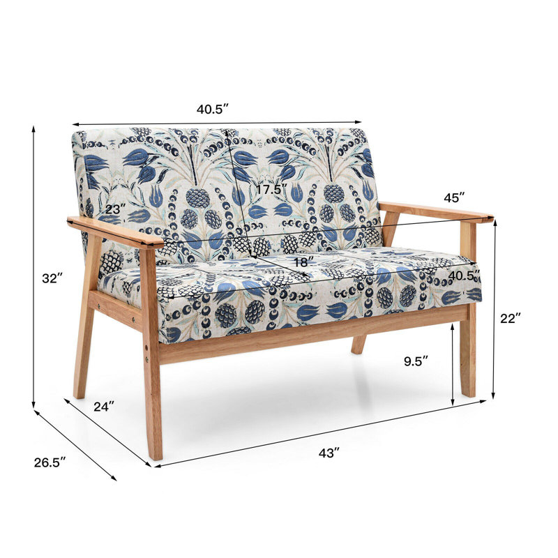 Mervela Upholstered 43'' Loveseat, Dark Blue/White Linen Blend