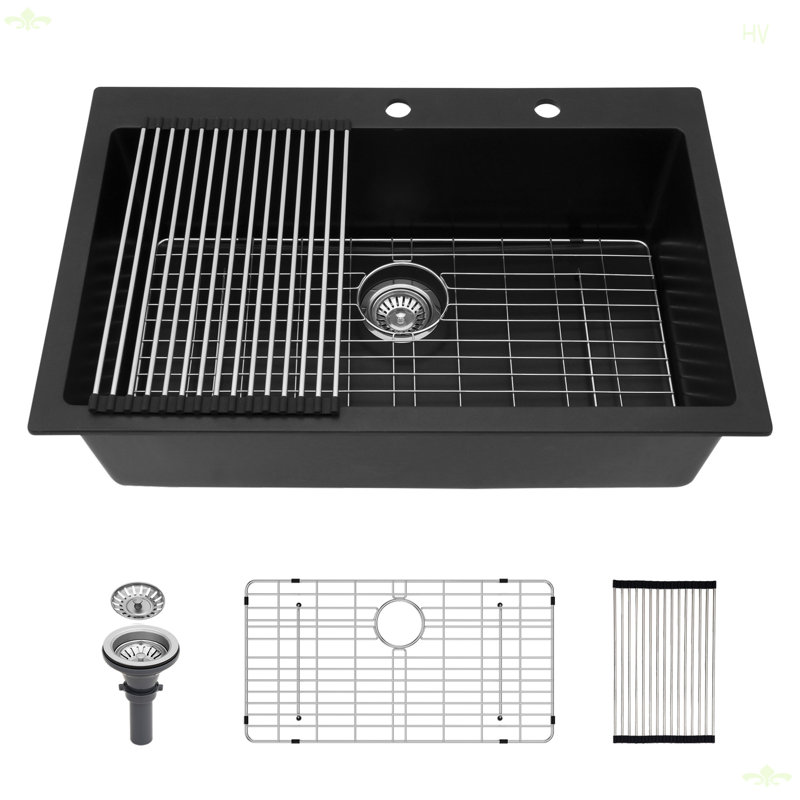 Évier de cuisine en quartz - Évier de cuisine encastré en granite noir 33 x 22 po