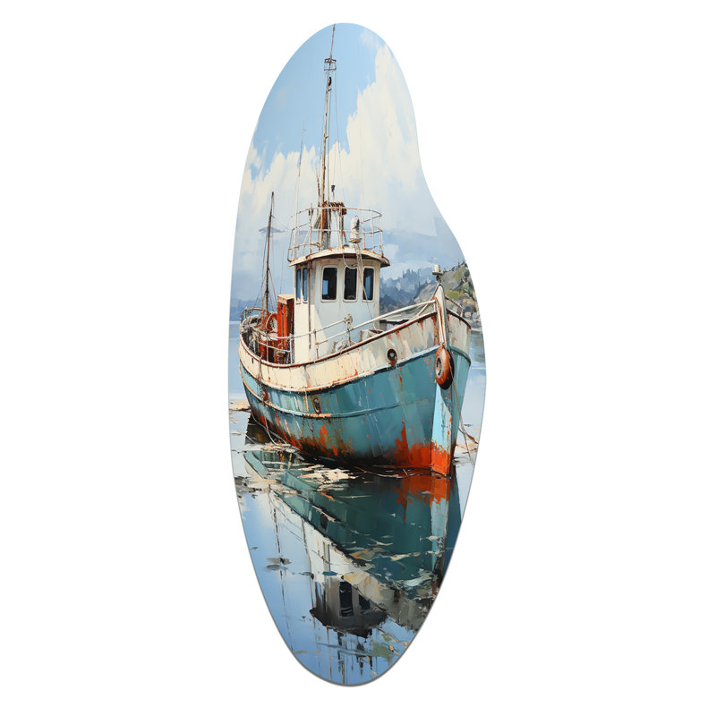 Bateau de pêche au port - art mural asymétrique en forme de bateau côtier, H 30 po x l 11 po