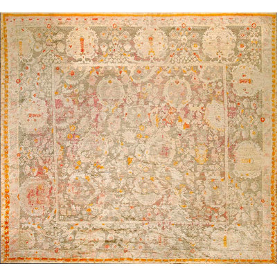 Rare Magnificent Light Grey Colour Square Antique Allover Large Scale Design Turkish Agora Oushak Rug