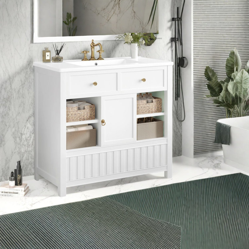 Meuble-lavabo moderne élégant avec lavabo, bois aggloméré blanc, rangement idéal pour la salle de bain