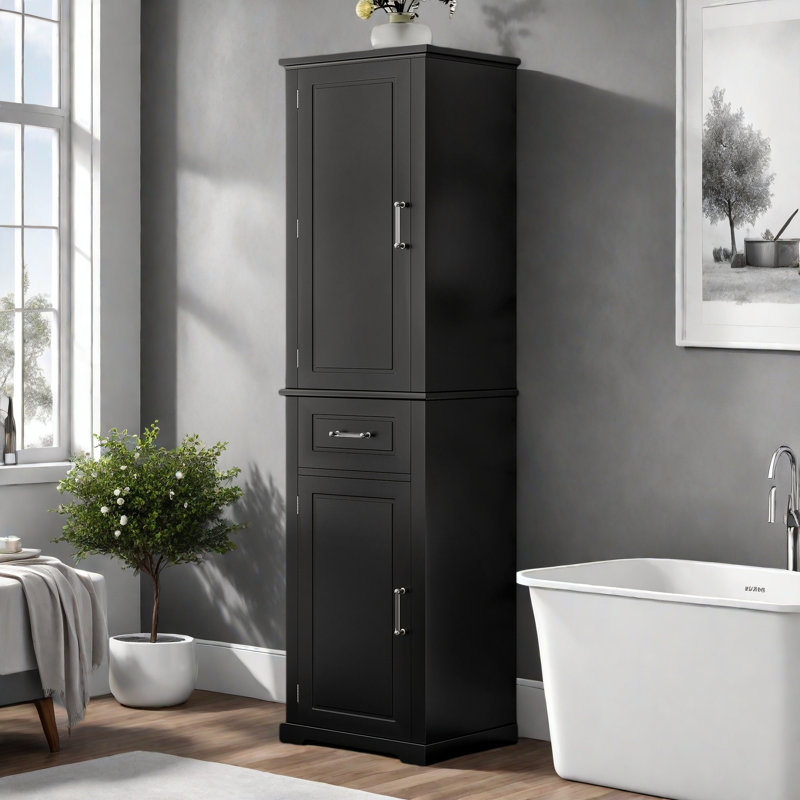 Tall Bathroom Storage Cabinet With 2 Different Size Doors, Adjustable Shelf, Door Shelve Design And Drawer, Black