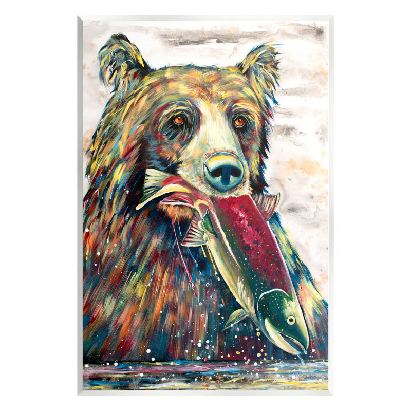 Ours et poisson - Éclaboussure de faune moderne - peinture, H 15 po x l 10 po x P 0,5 po, Bois