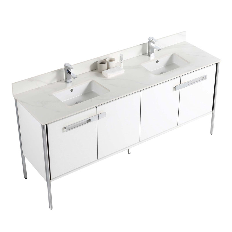 Meuble-lavabo double 72 po, Blanc mat, Chrome poli