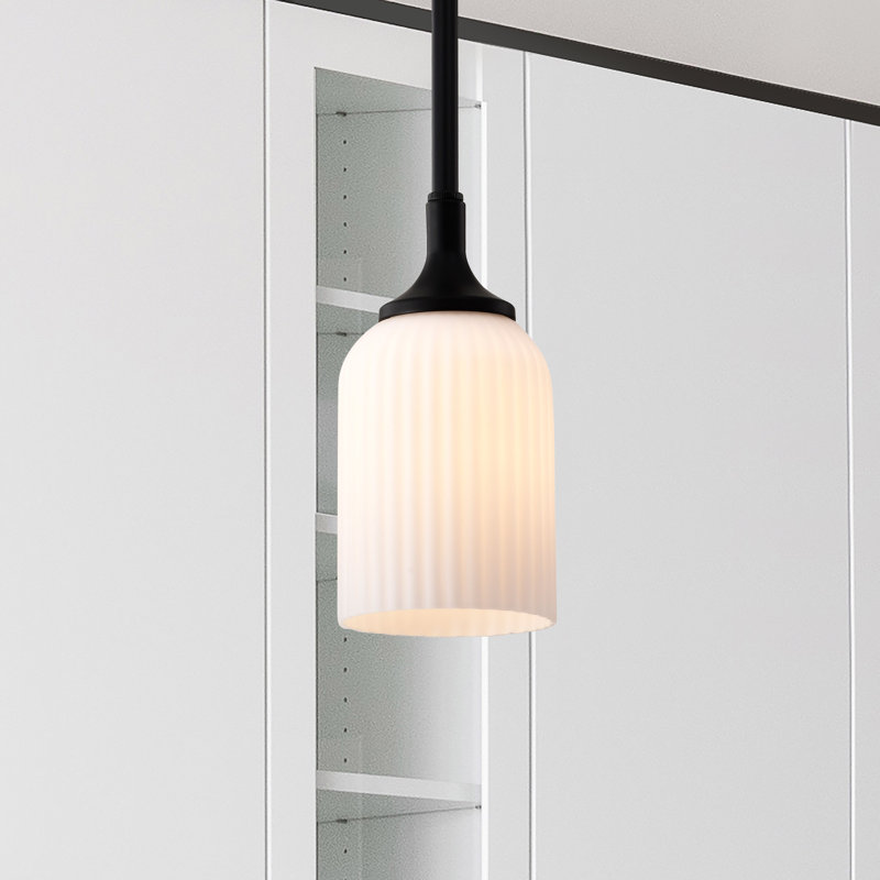 Stoffel - Pendant - Frosted Ribbed Glass, Matte Black, 7.25" H x 5" W x 5" D