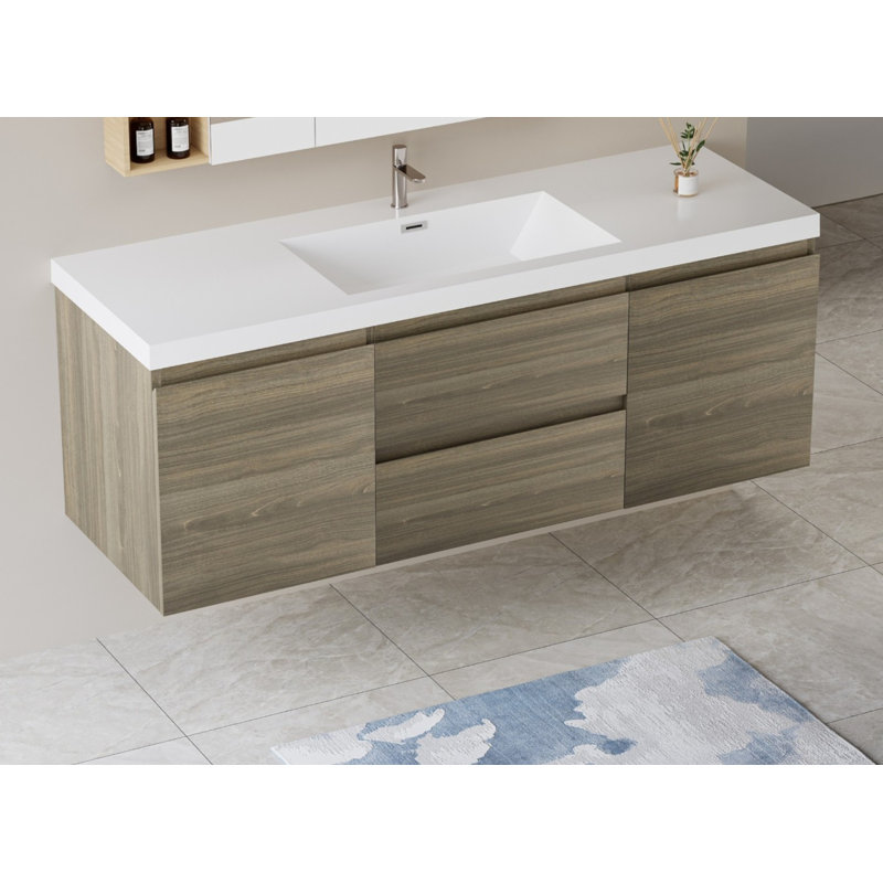 Meuble-lavabo mural simple 59 po avec plateau en résine Stone Carol-Ann, Gris cendre