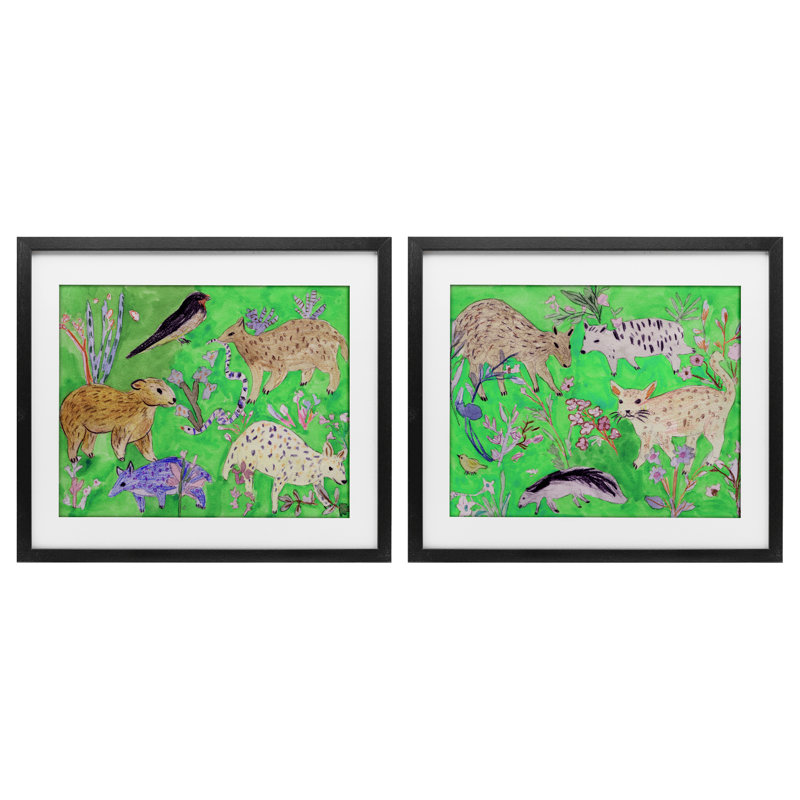Quirky Meadow Menagerie Animals 2pc Framed Print Under Glass Set, design by Melissa Wang, 13" H x 16" W, Midnight Black Frame