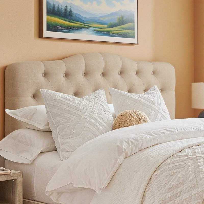 Linen Upholstered Headboard-Modern-Adjustable Height-Button Tufting, Beige, Twin