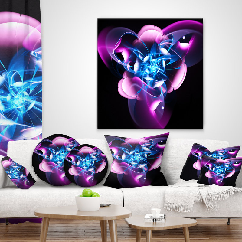 Coussin de conception à fleur fractale Abstract, 16 po x 1 po, Coussin décoratif, Bleu / Mauve