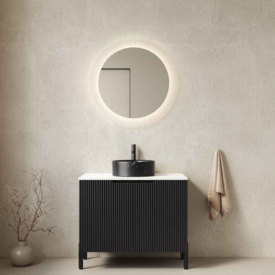 Meuble-lavabo de salle de bain 30 po avec lavabo, meuble de rangement autoportant avec lavabo rond en céramique à 2 portes avec motif en pierre et comptoir en pierre frittée, sans robinet