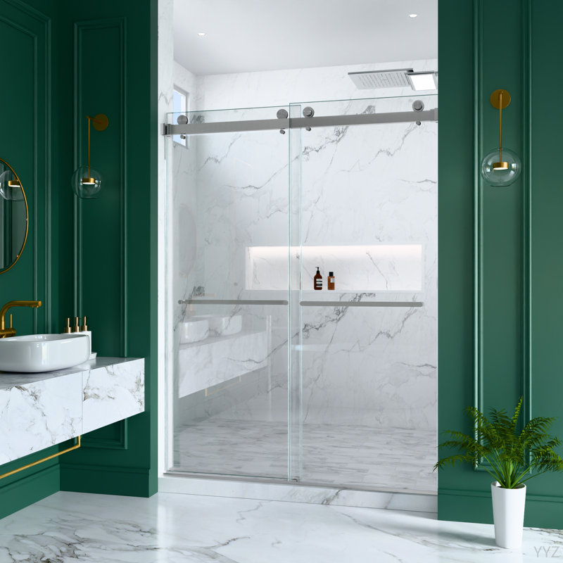56"-60"W X 80"H Frameless Double Sliding  Shower Door, 3/8 Inches (10Mm) Thick SGCC Tempered Glass Door, Brushed Nickel