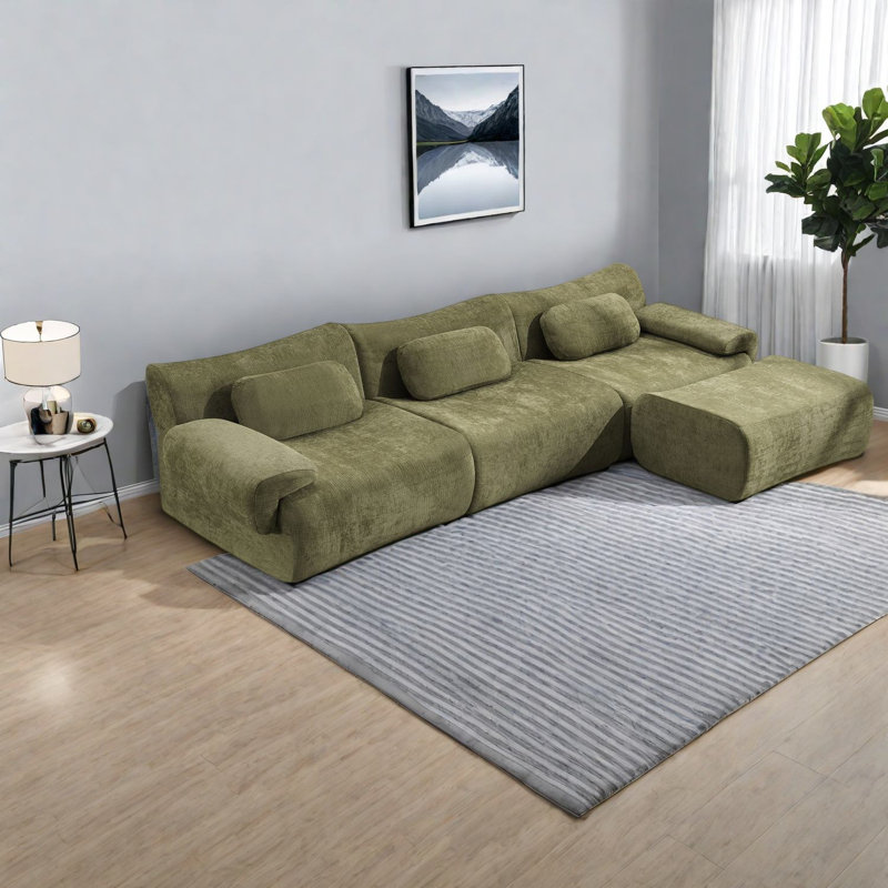 Canapé modulaire vert spacieux, chenille à noyau en mousse, salon moderne