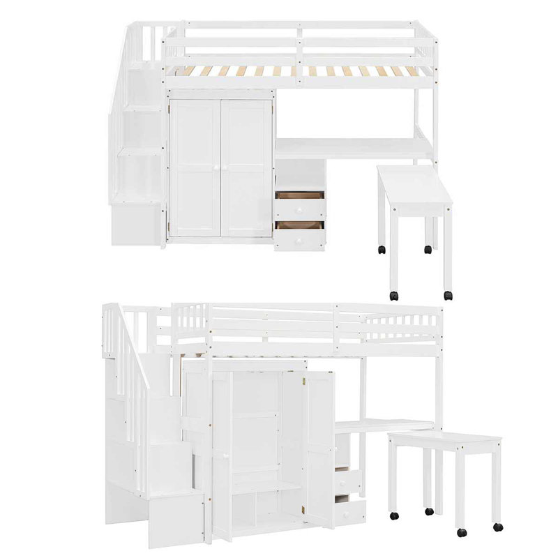 Twin Size Loft Bed With Desk & Wardrobe Loft Bed With Multifunctional Furniture For Bedroom, White