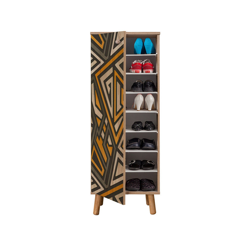 Stylish Shoe Cabinet with Solid Wood Legs & Handles, Sonomo Color, 19.7 x 53.1 x 15.0 inches | 100% Melamine Coated Chipboard, UV Coating, Multiple Shelves | Abstract Geometric Design for Modern Entryway Storage