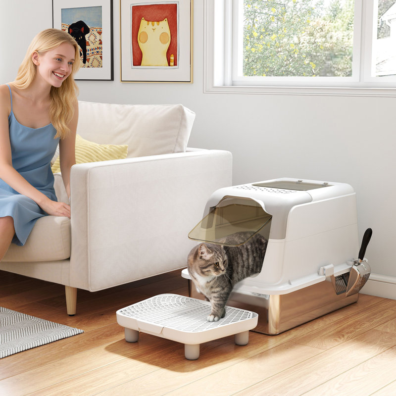 Bacs à litière et bacs à litière pour chat, grand acier moderne à double entrée