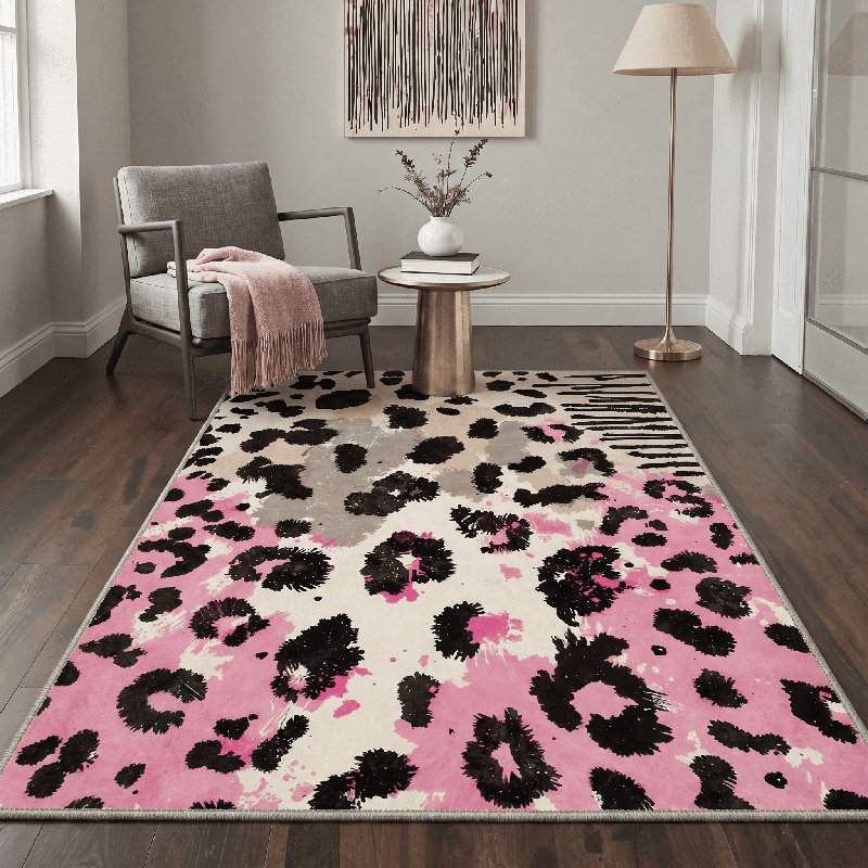 Verona Animal Leopard Print Machine Washable Pink / Beige / Black / Gray Indoor Area Rug with Non-Slip Backing