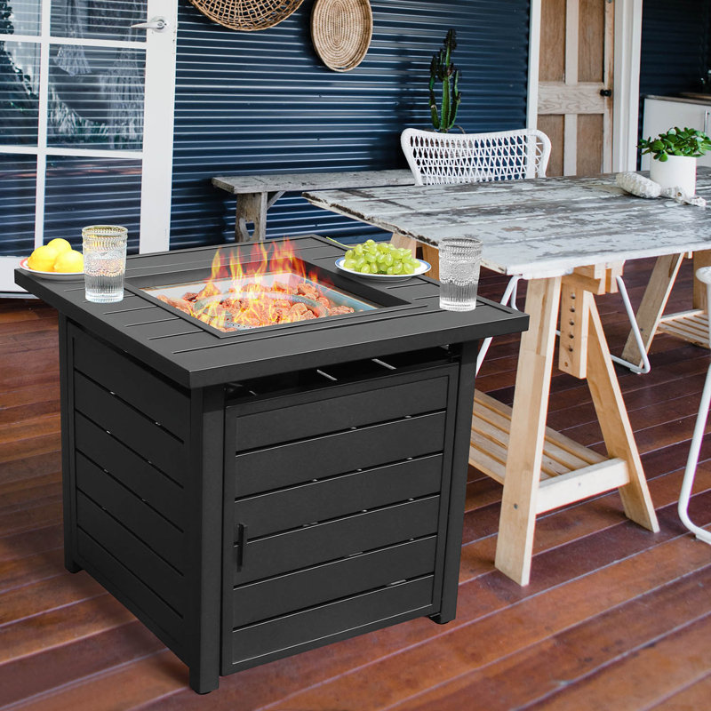 Lyailya 24.8" H x 28" W Iron Propane Outdoor Fire Pit Table with Lid, Black