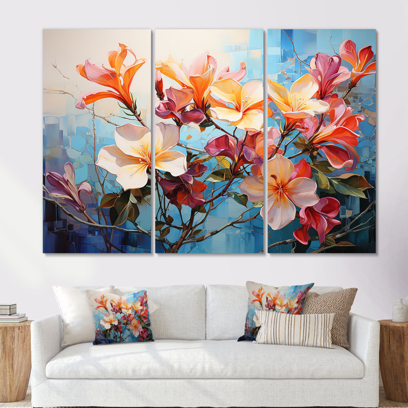 Floral Grace In Plumeria Harmony I - Ensemble de décoration murale Plumeria, Toile tendue, H 40 po x l 60 po x P 1 po