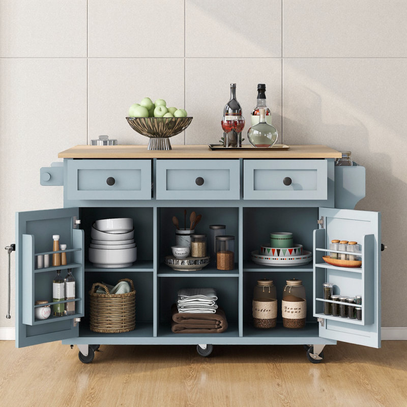 Solid Rubber-Wood Extendable Top, MDF Cabinet, 3 Drawers + Adjustable Shelves, Door-Mounted Racks, 5 Wheels → 4 Feet, Towel & Spice Rails, 400 lb Capacity