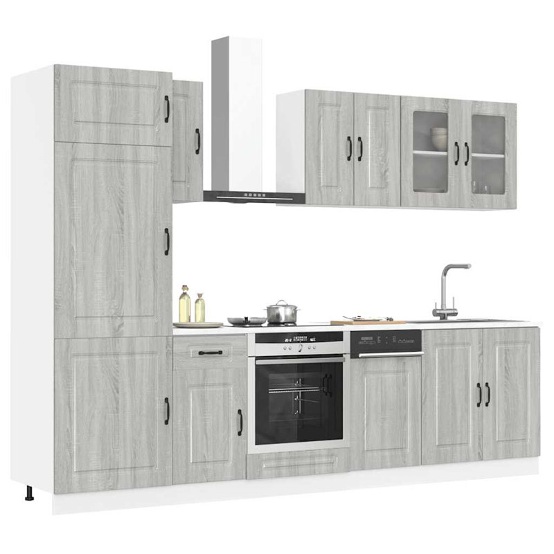 8 Piece Kitchen Cabinet Set Kalmar High Gloss Engineered Wood, Grey Sonoma