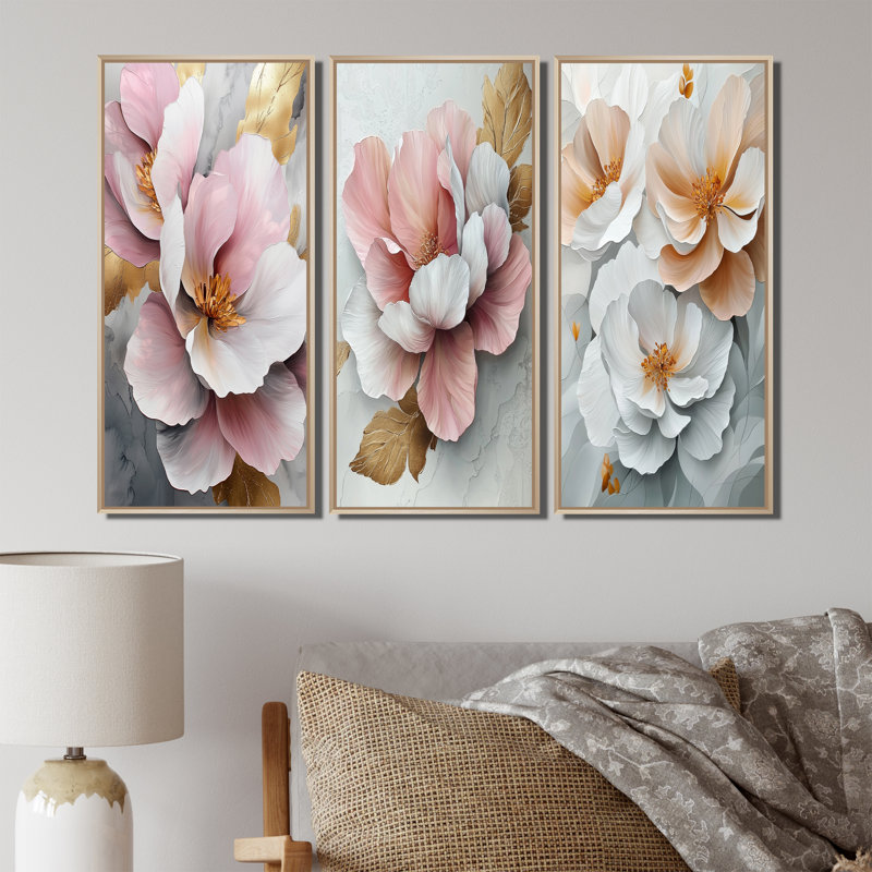 Blanc et rose, pivoines élégantes I - Collection de décorations murales pivoines, H 28 po x l 36 po, Crème, crème