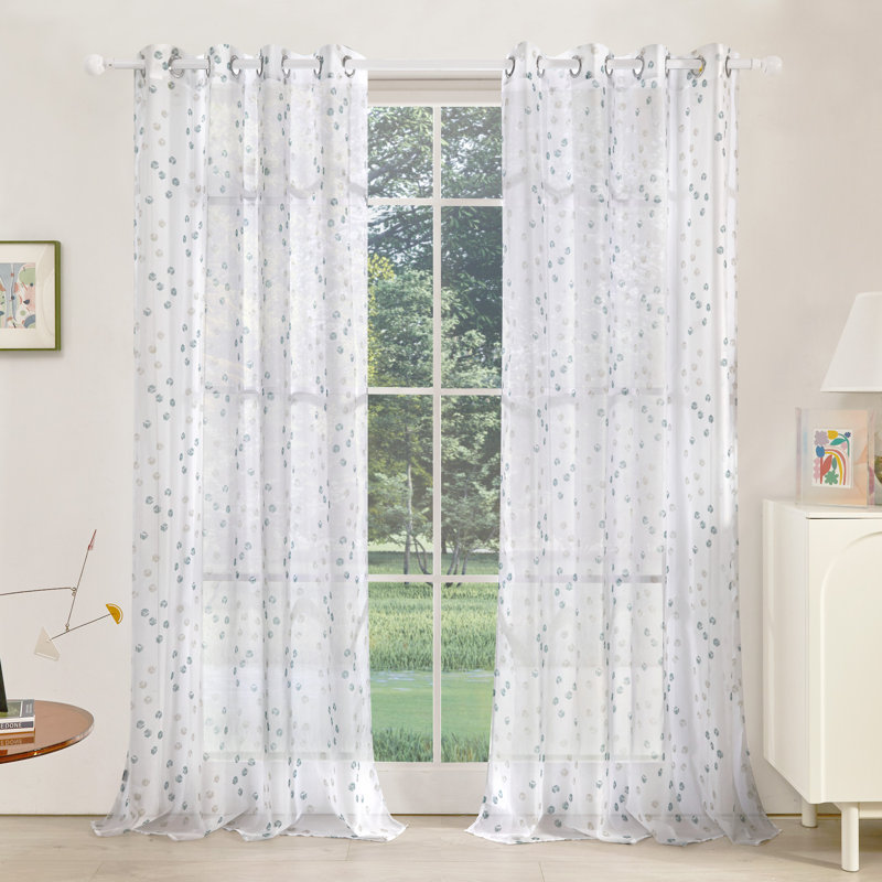 Designer Series Eco-Friendly Grommet Sheer Curtains with Cube Print Pattern (Set of 2), 52" W x 84" L, White