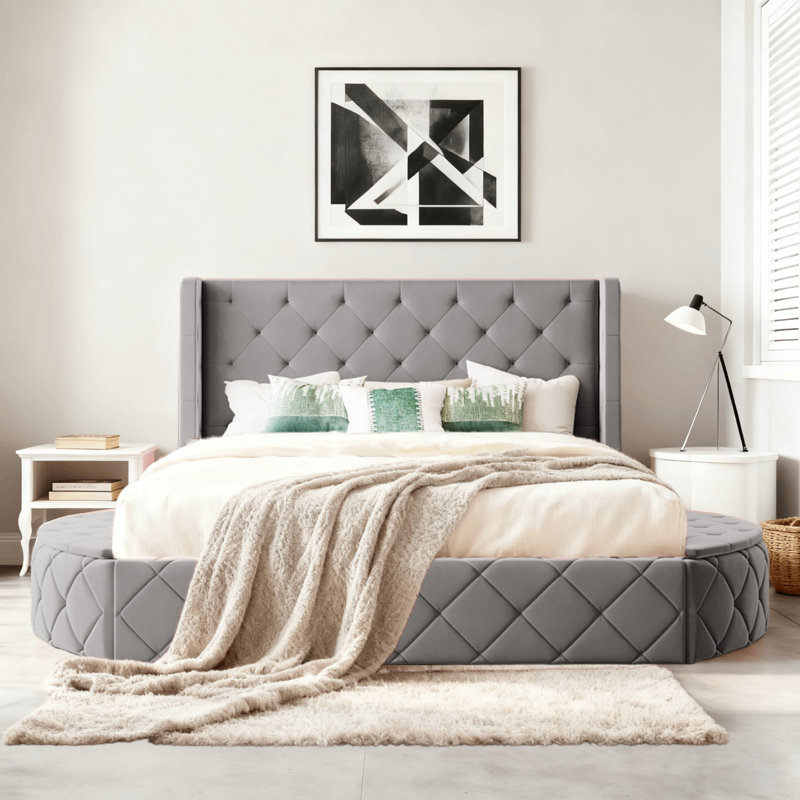 Grand lit tapissier avec tiroir et bancs de rangement, Gris