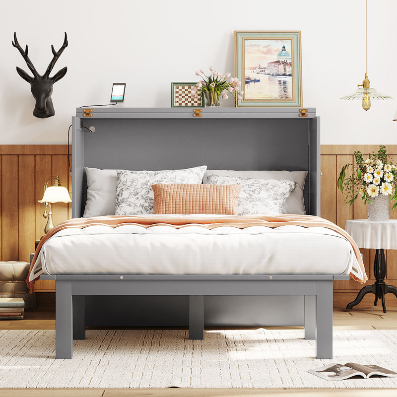 Multi-functional Full Size Murphy Bed With Usb Connectivity, Solid Pine Wood, Modern Design, Ideal For Space-saving Solutions